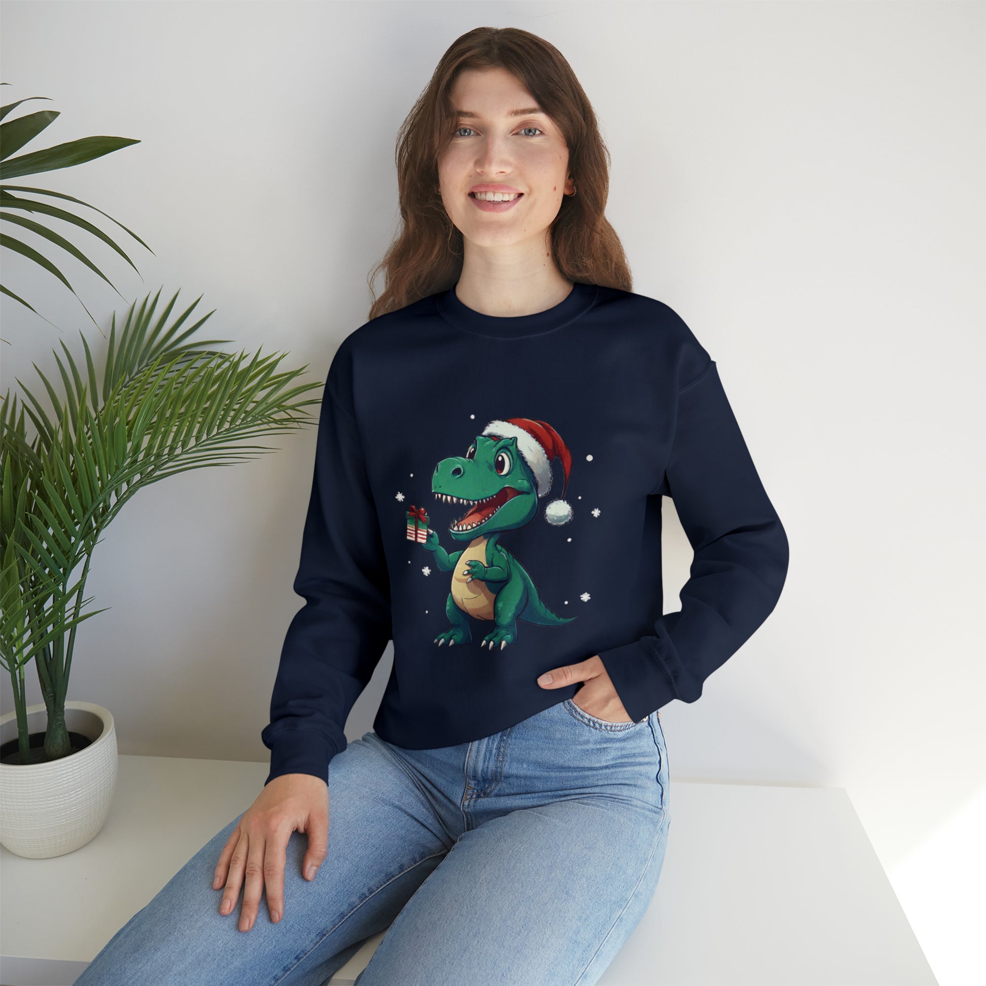 Navy Christmas T-rex Sweatshirt with adorable Tirannosaurus Rex