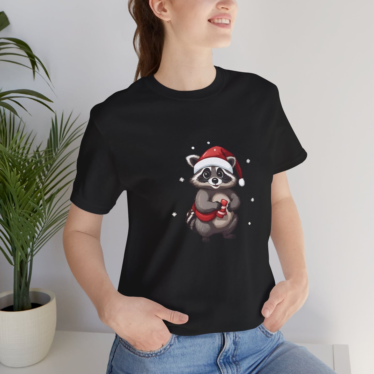Cute Christmas Raccoon Short Sleeve T-Shirt With Ultra Soft-Cotton For Men And Women Style Black