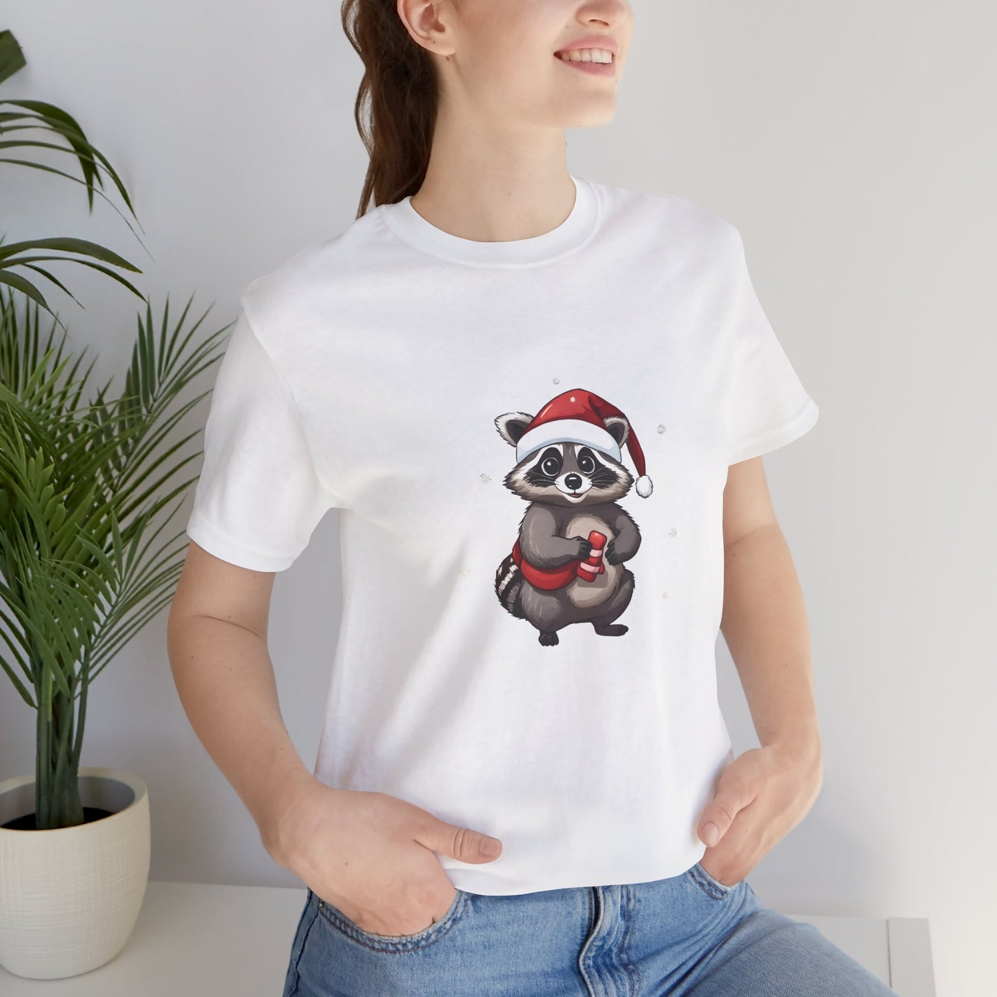 Cute Christmas Raccoon Short Sleeve T-Shirt With Ultra Soft-Cotton For Men And Women Style White